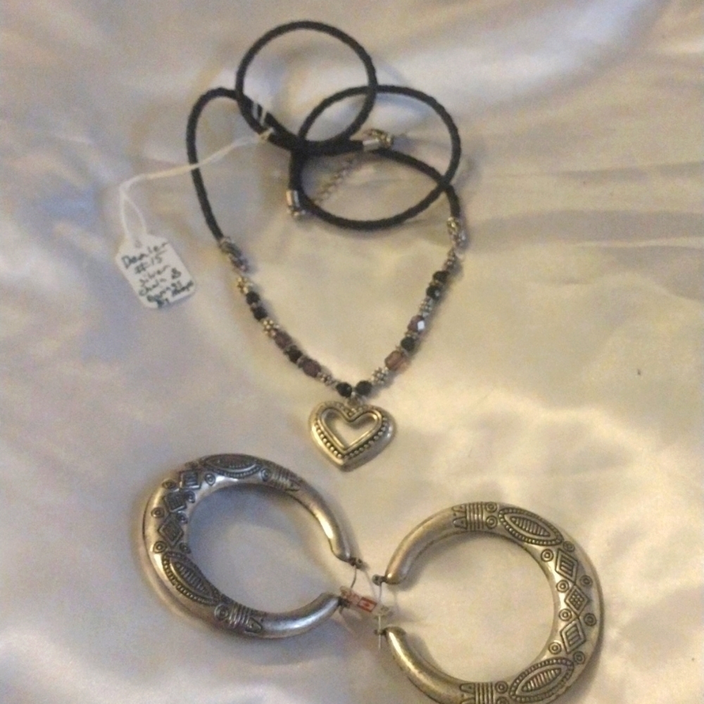 Silver tone earrings and hart necklace set